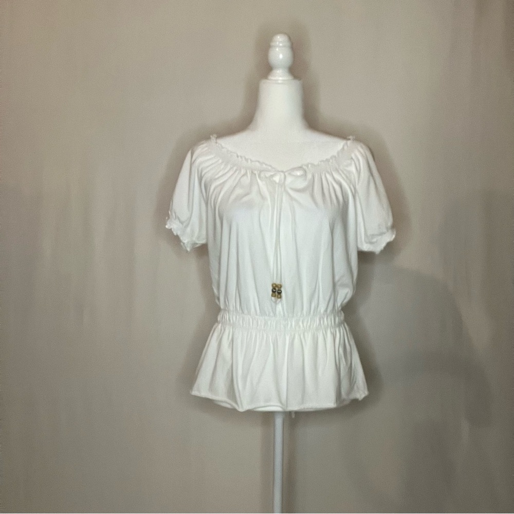 Talbots Elegant White Women's Top Elastic Waist Arms Neckline Front Tie Sz M